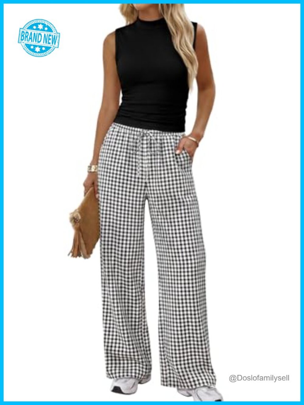 Sampeel Two Piece Set Women Mock Neck Sleeveless Top Wide Leg Pants Summer